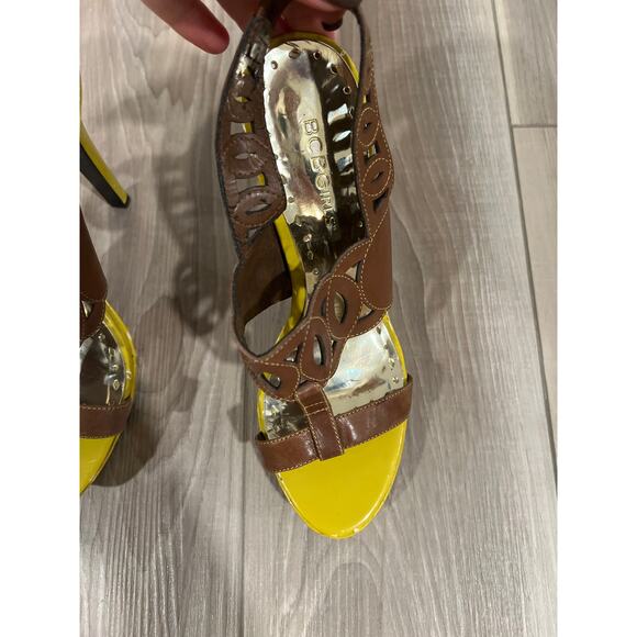 BCBGirls, Yellow Heels with Brown Straps. Size 7.5B, KB277 - Picture 3 of 5